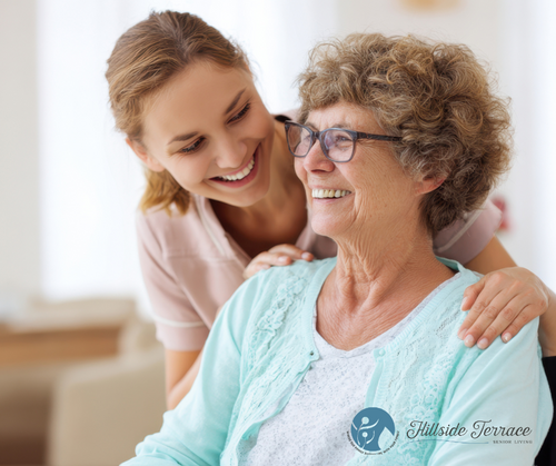 Daughter caring for her mother smiling
