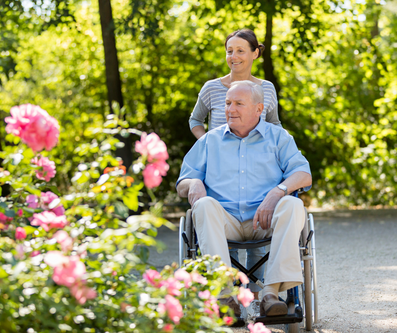 A person in a wheelchair is being pushed by another person through a park with blooming pink roses and lush green trees.